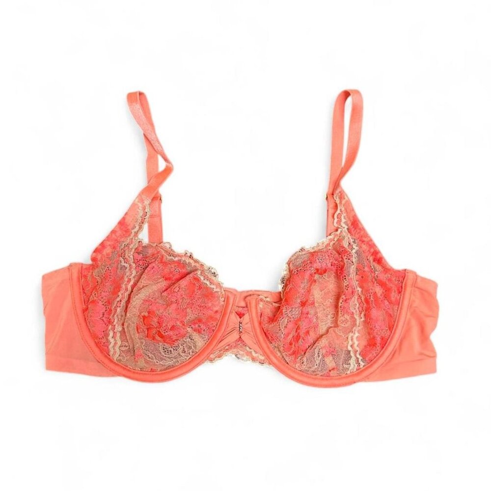 Vintage Victoria's Secret orange lace balconette bra with rhinestone detail.